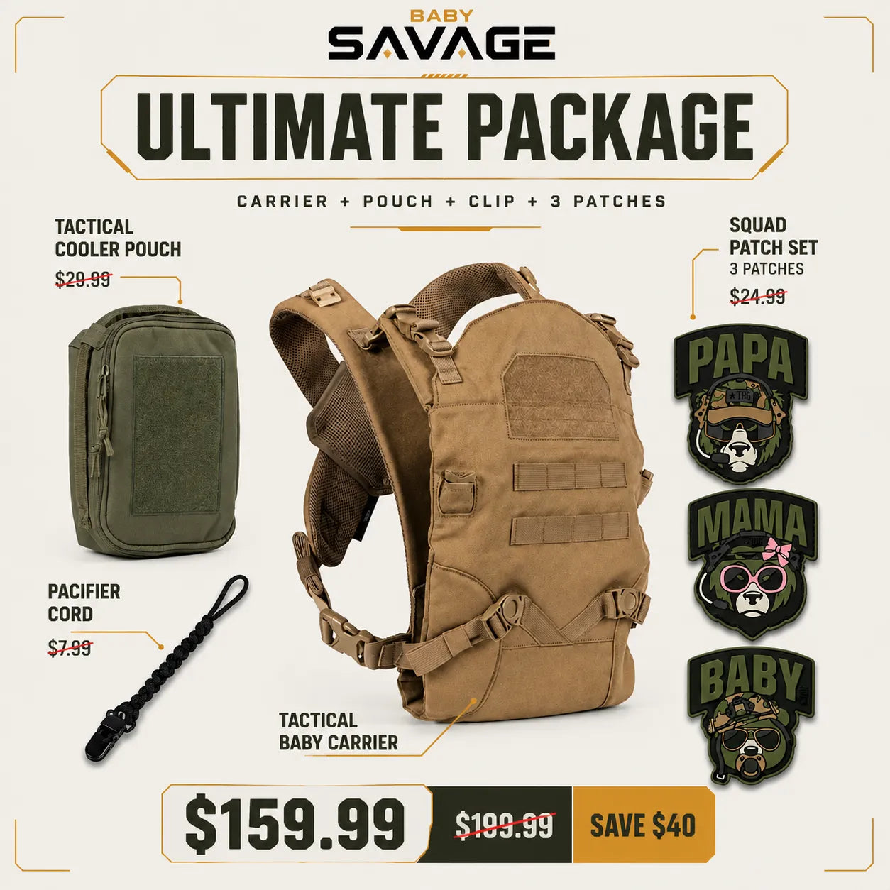 Ultimate Package: carrier, cooler pouch, pacifier cord and 3 patches
