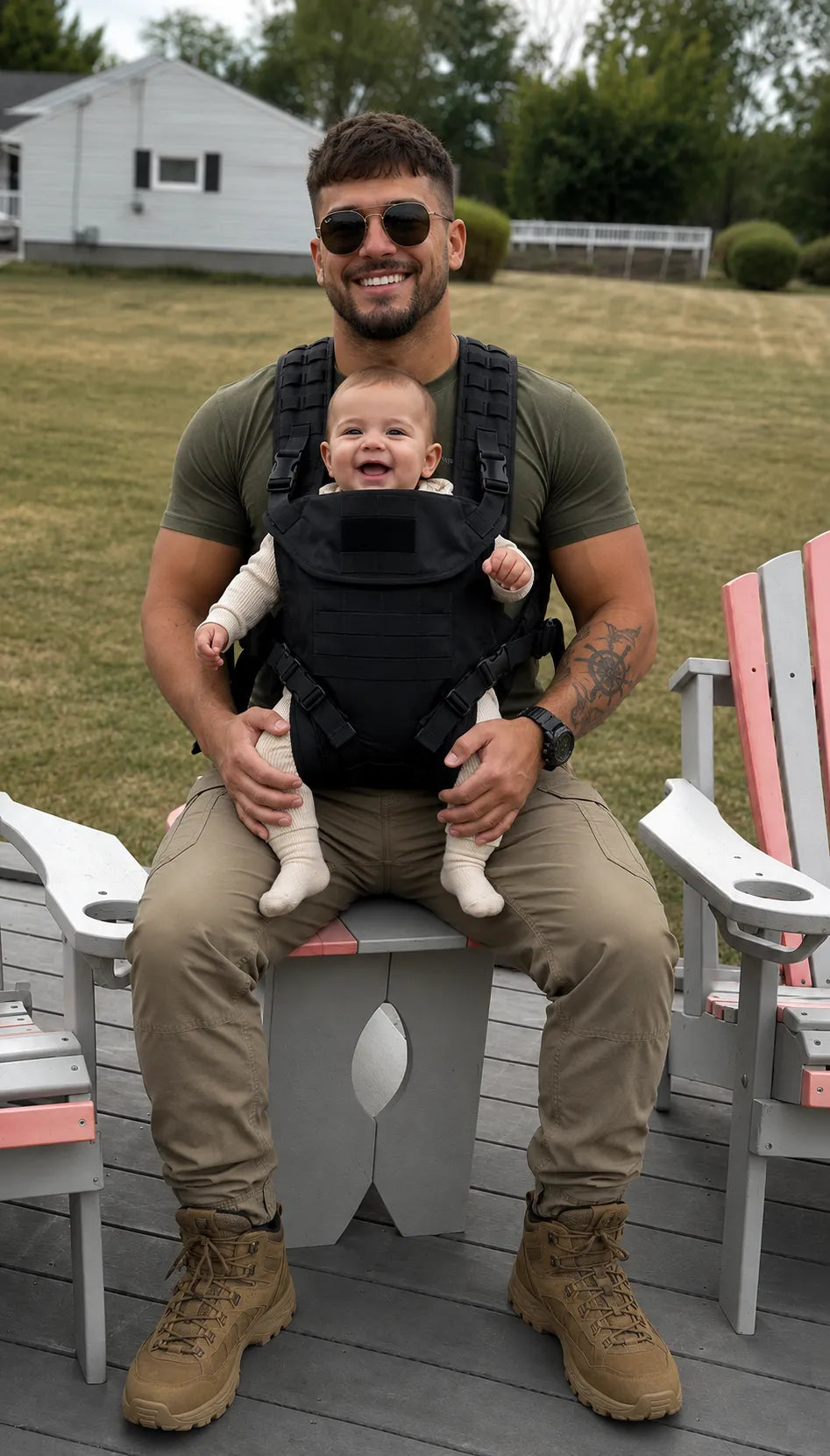 Padre sentado al aire libre con su beb&eacute; en el Tactical Baby Carrier Black